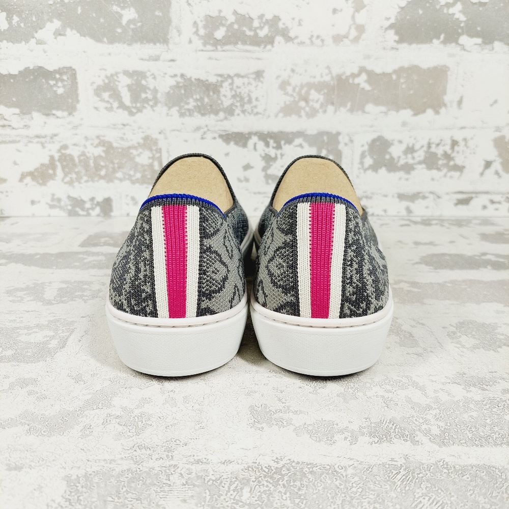 Rothy's Gray Patterned Slip-On Sneakers with Tan Collar and Blue Trim - Picture 2 of 9